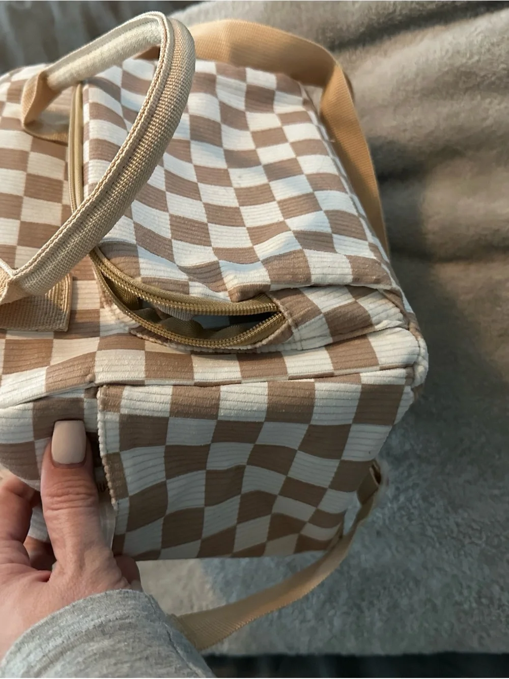 Insulated Beige and White Checkered Lunch Tote for Women